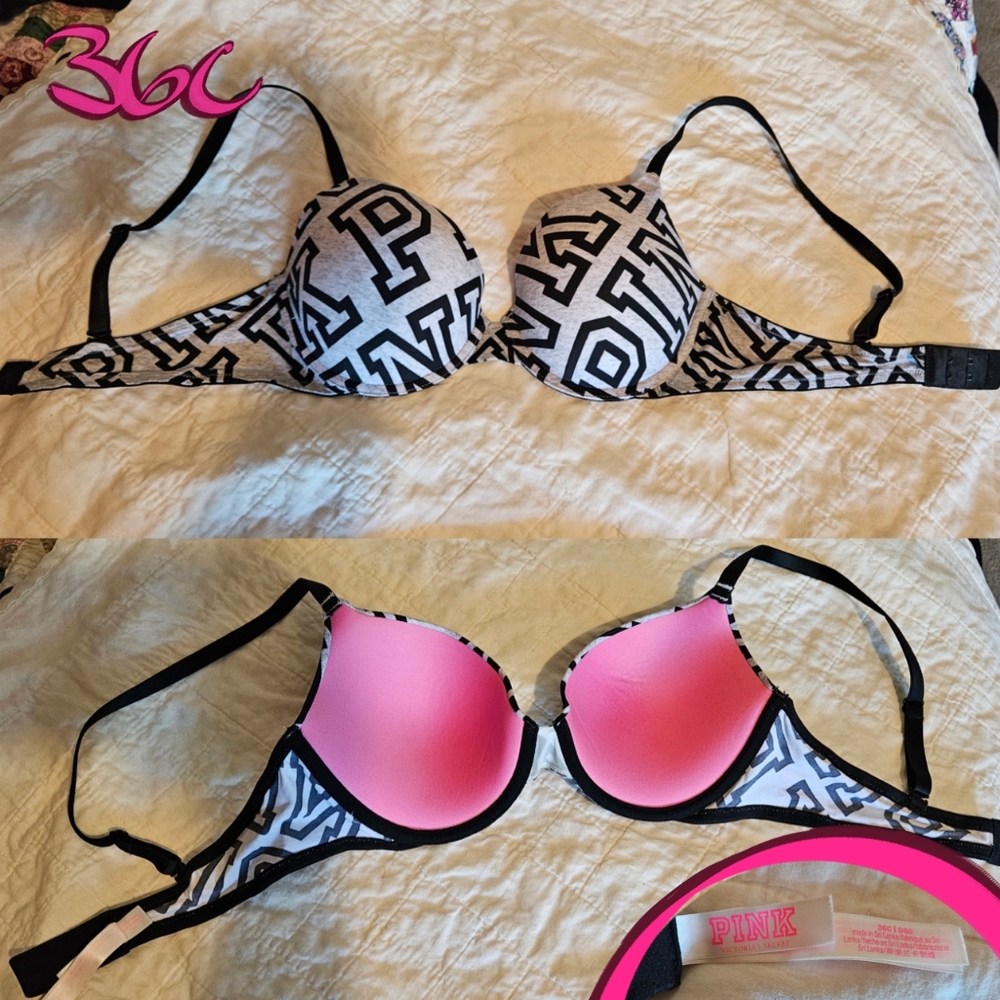 PINK · Push Up 36c Grey Black Bra